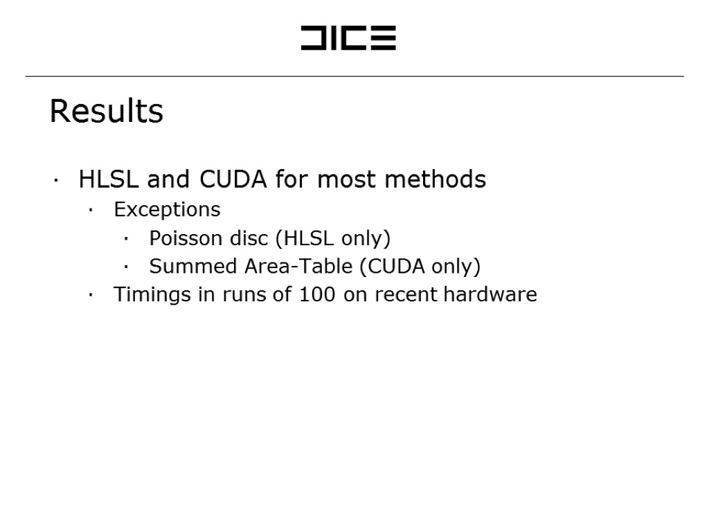 Results HLSL and CUDA for most methods Exceptions Poisson disc (HLSL only) Summed Area-Table